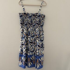 Vince Camuto Blue Floral Smocked Mini Dress with White & Tan Accents